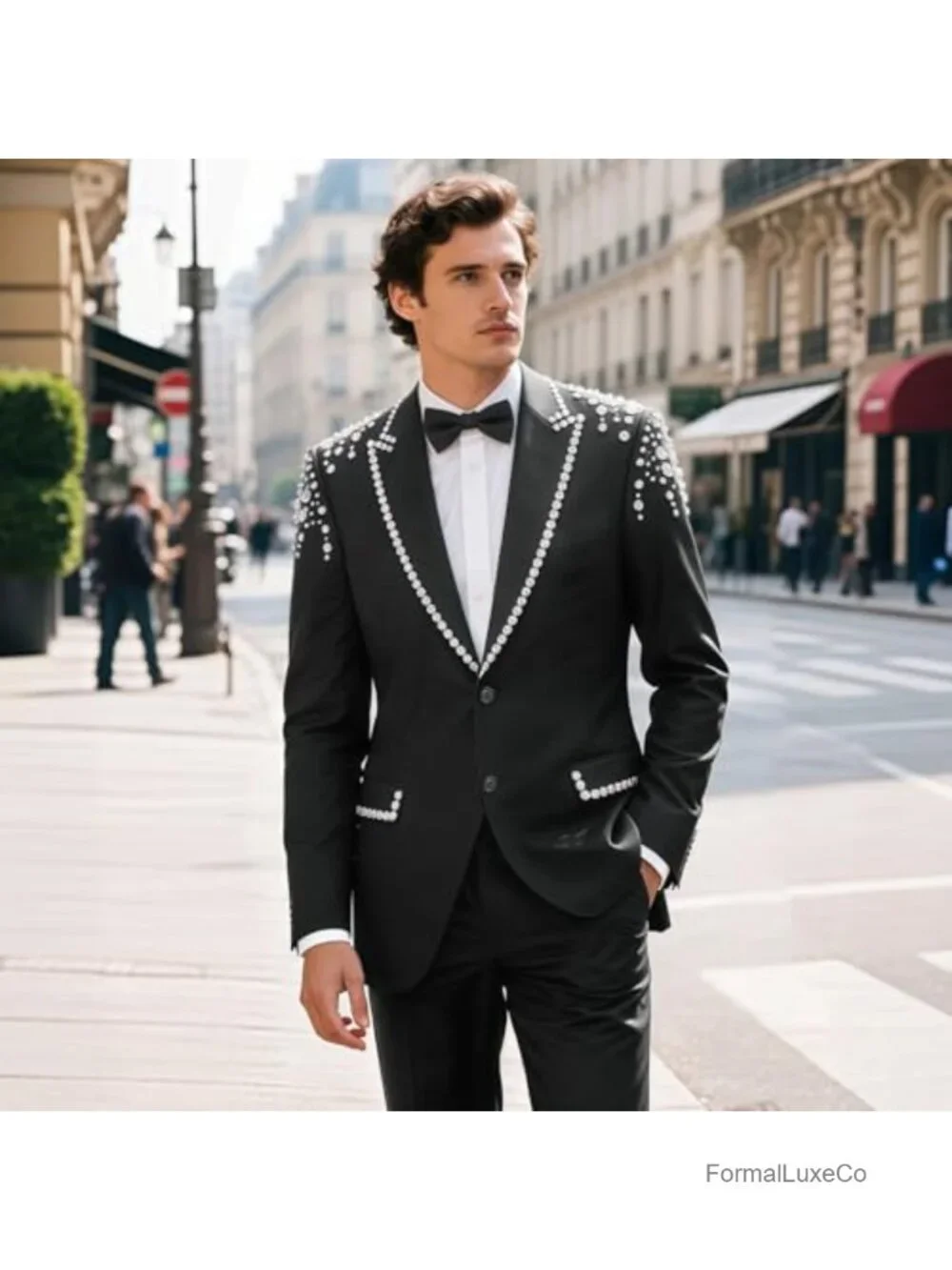 Men's 2PC Rhinestone Crystal Slim Fit Suit Set Wedding Prom